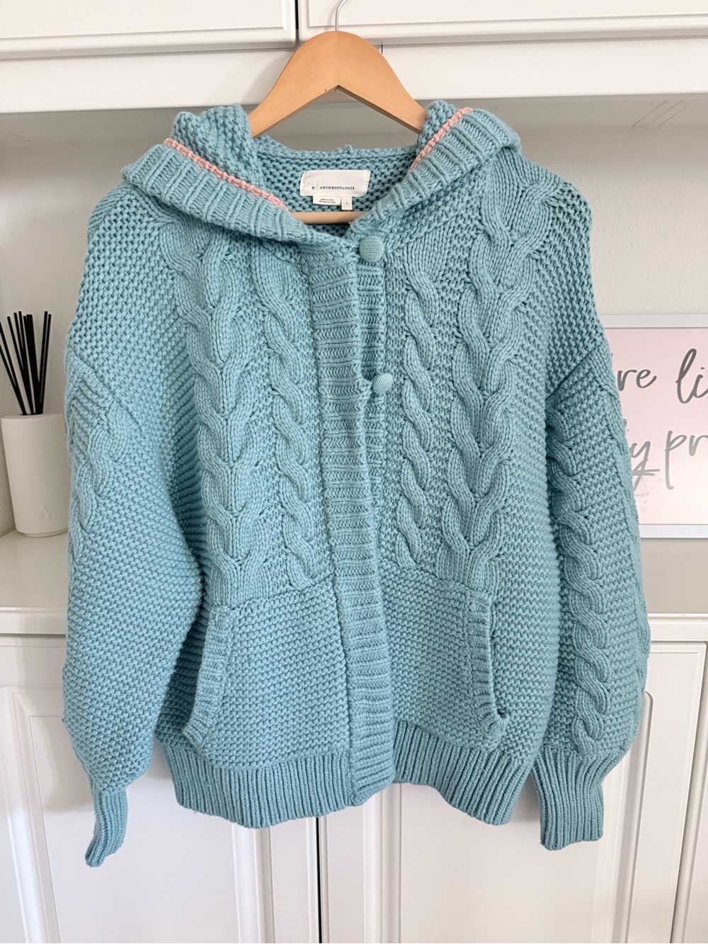 Anthropologie Light Blue Cable Knit Hooded Cardigan